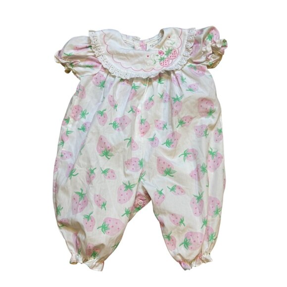 Vintage Baby‎ Strawberry Print Bubble Romper 3-6 Months Cotton - Picture 1 of 9